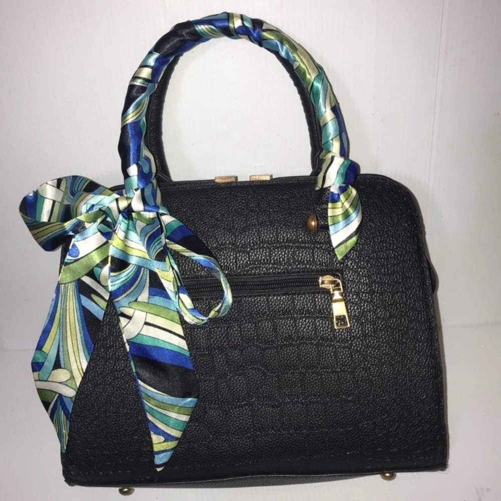 Twilly Silk Handbag Headband Neck Tie Scarf Green Blue White